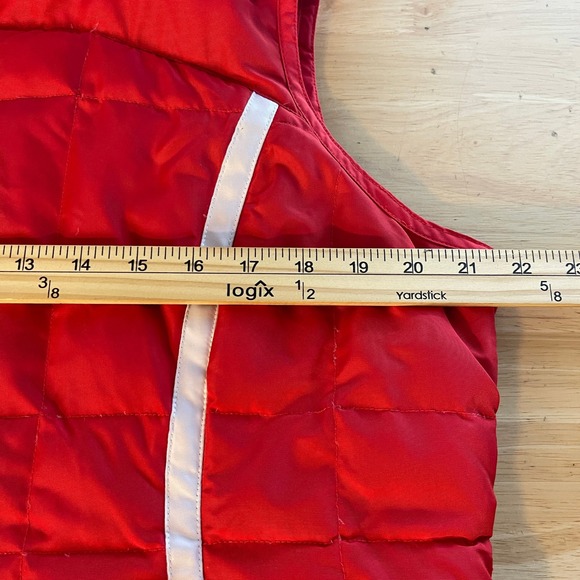 Eddie Bauer Womens L Down Faux Fur Hooded Puffer Vest Red White Trim Full Zip - Picture 5 of 8